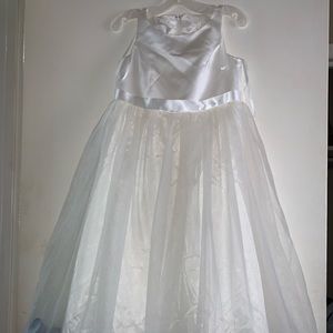 White Flower girl dress with blue rose petals